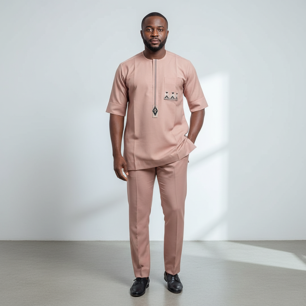 Black Nigerian model wearing the dusky-pink Senator Wear set