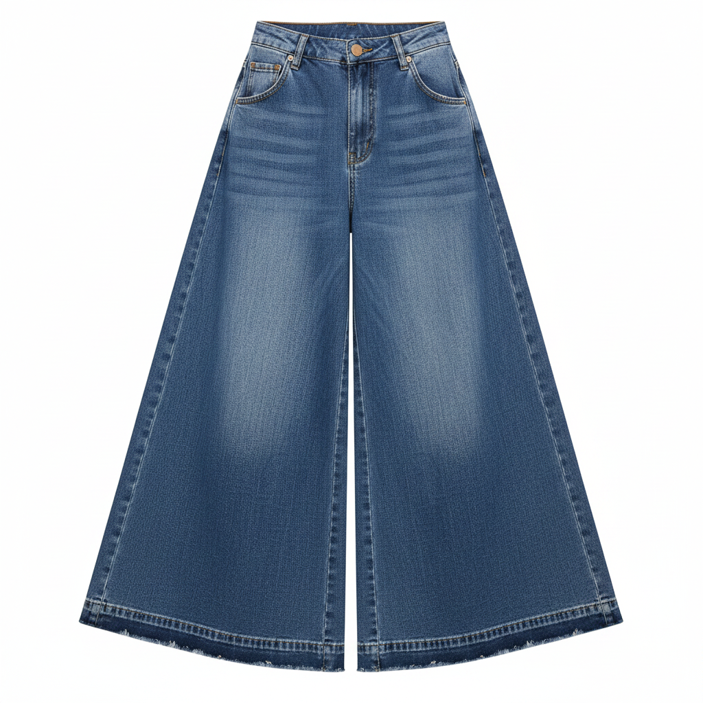 Women's blue denim high-waist wide-leg jeans — ghost mannequin front view