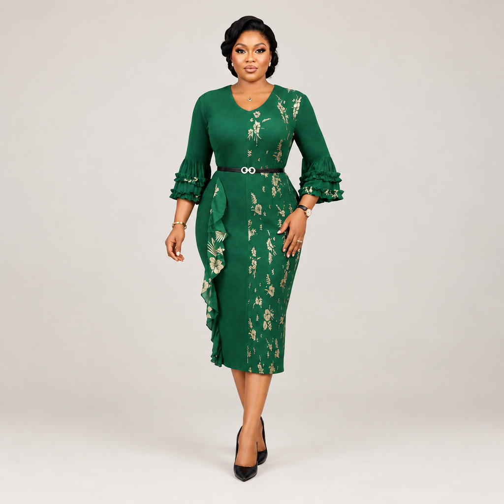 Black Nigerian model wearing an emerald floral midi gown with ruffle sleeves and a belted waist