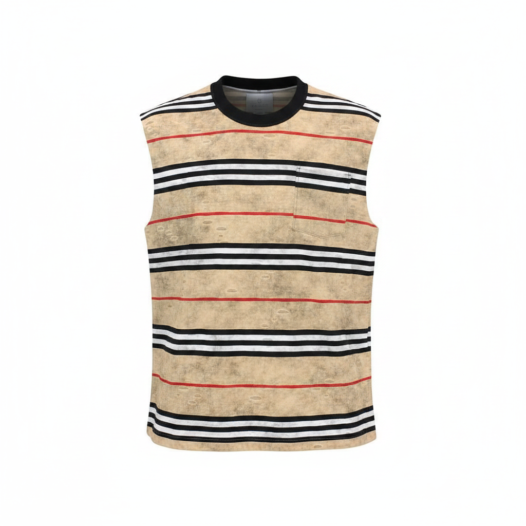 Men's camel black red stripe sleeveless vest top ghost mannequin front view