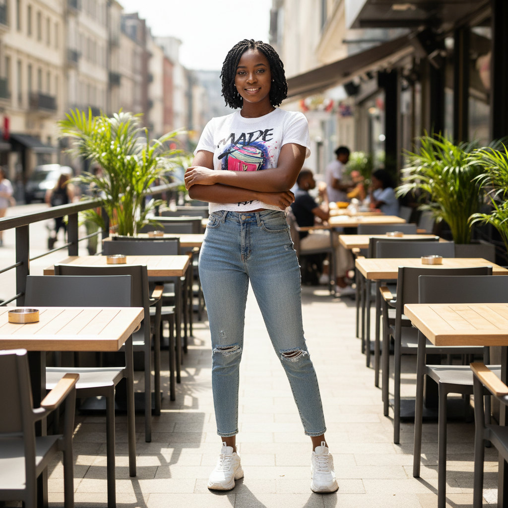 Young Nigerian female model wearing Made Rebel coffee graphic crop tee