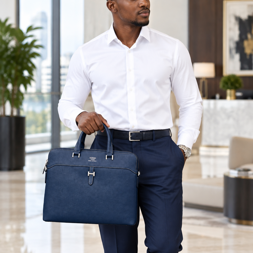 Navy Grained Leather H-Clasp Executive Briefcase – Model Shot