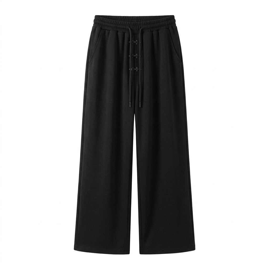 Black wide-leg drawstring trousers with open hems and small horizontal front details
