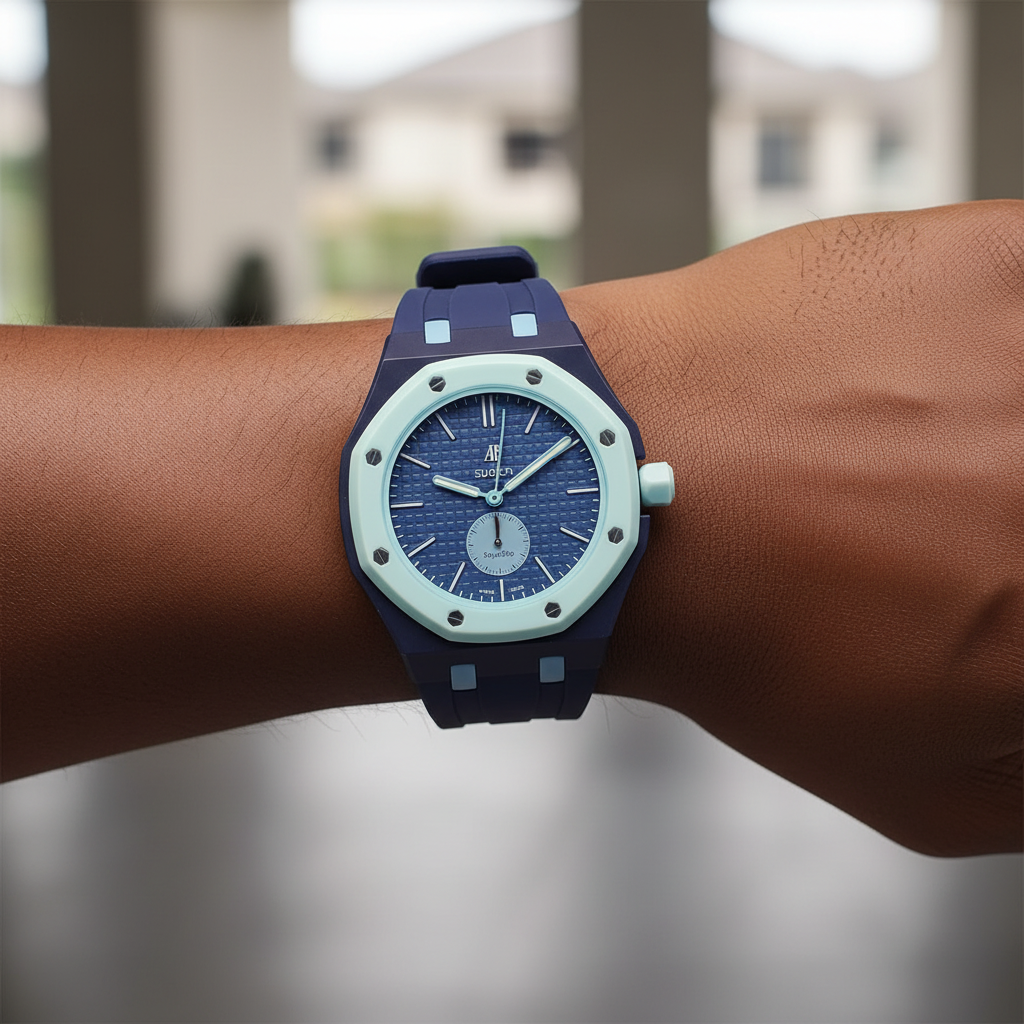 Nigerian model wearing unisex navy blue octagonal pop watch with light blue bezel on wrist