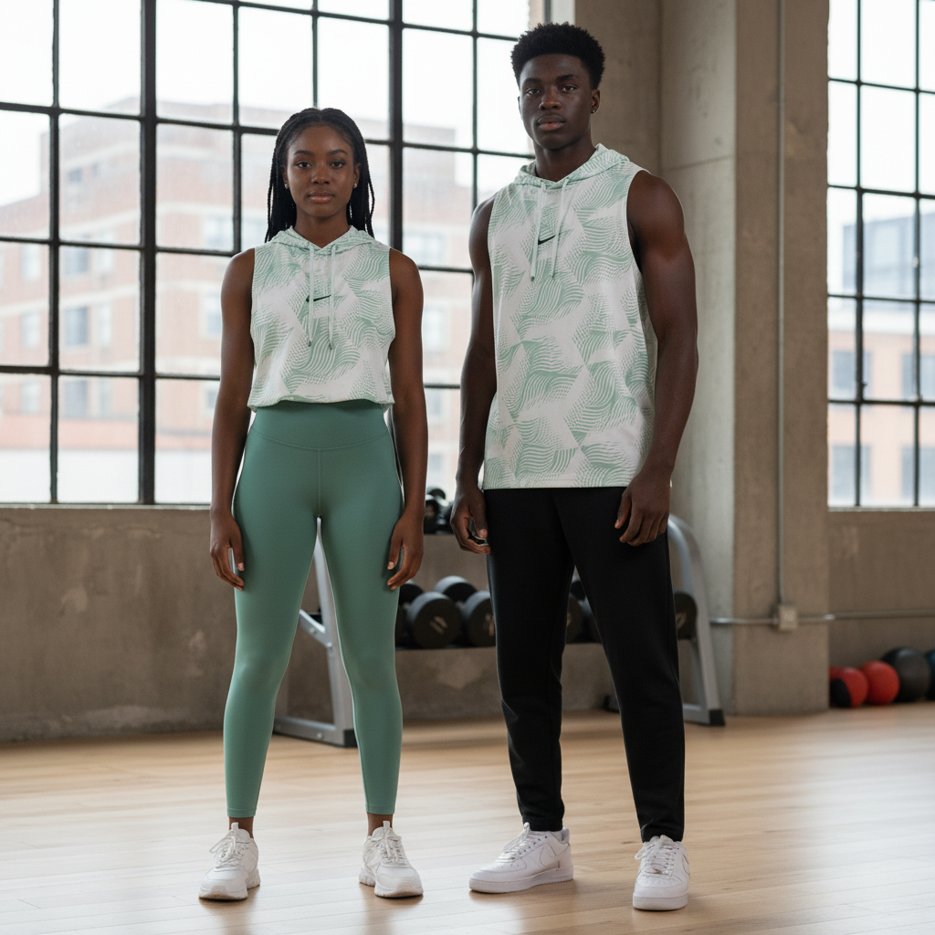Nike mint wave-print sleeveless hoodie on male and female models