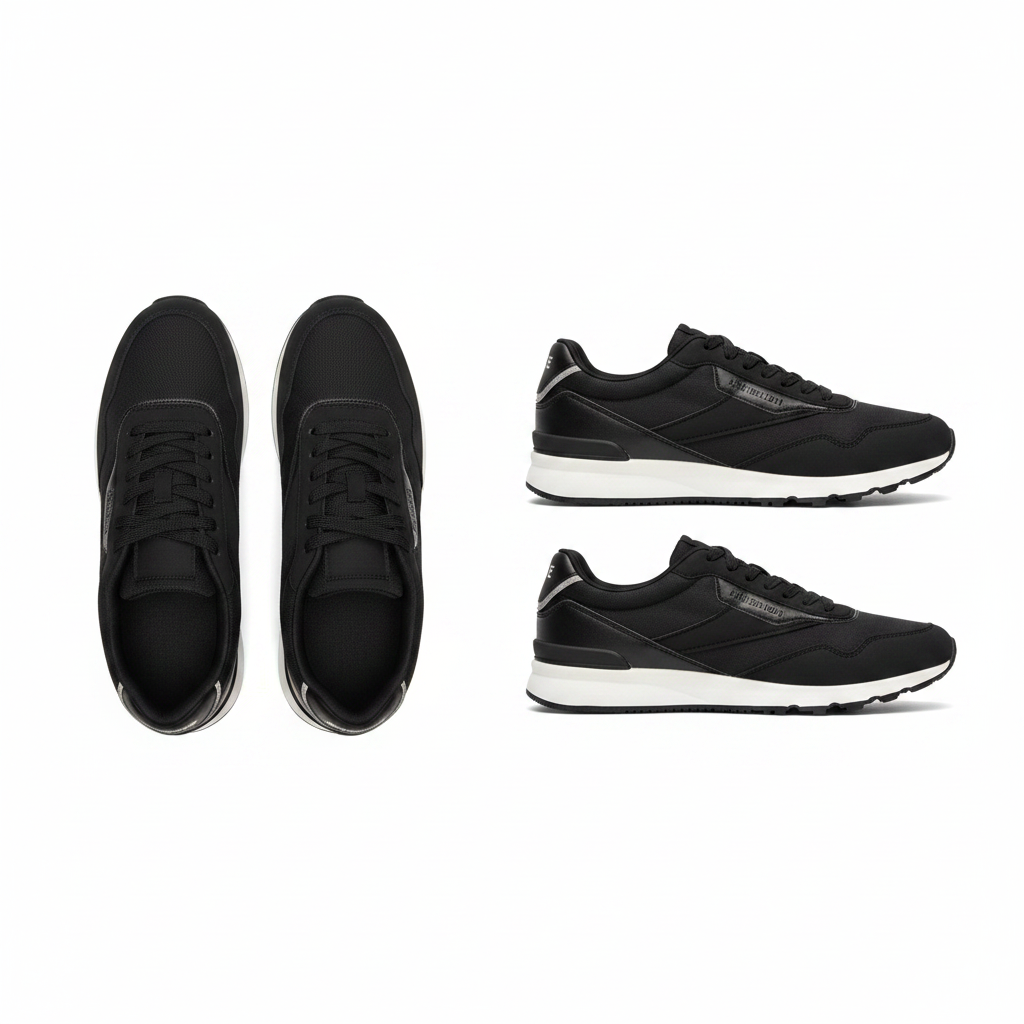 Men's all-black mixed fabric lace-up runner sneaker ghost mannequin front and side view pair