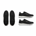 Men's all-black mixed fabric lace-up runner sneaker ghost mannequin front and side view pair