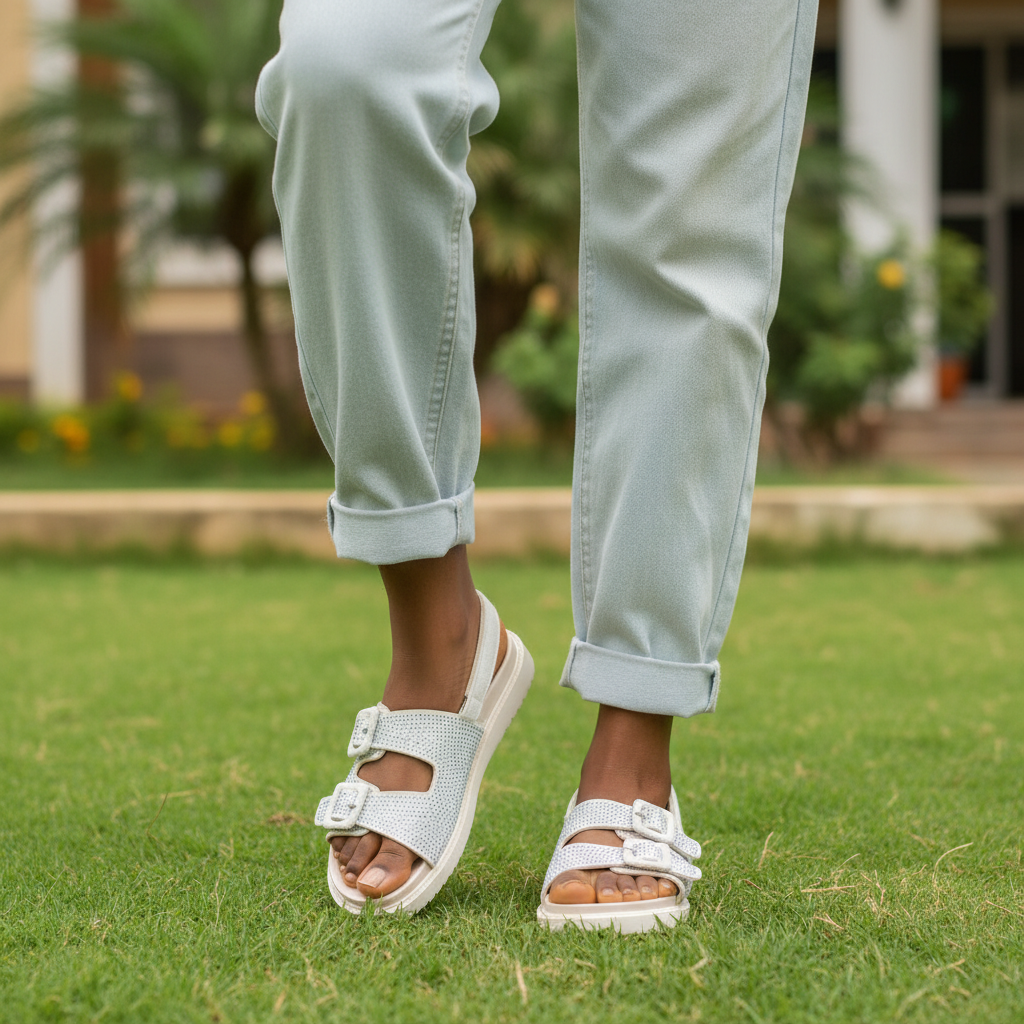 Nigerian female model wearing white rhinestone platform sandals with square buckles