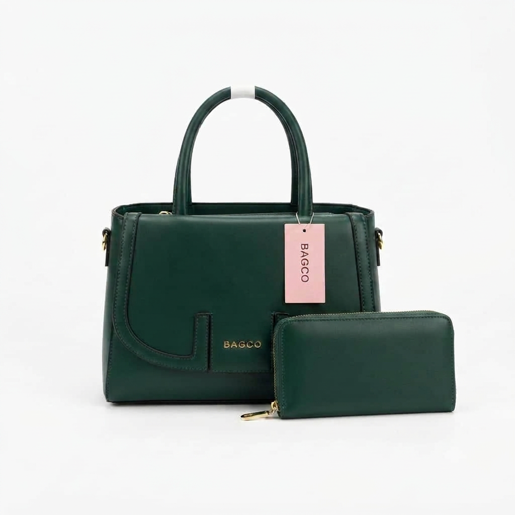 Front view of forest green structured handbag and matching wallet