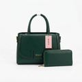 Front view of forest green structured handbag and matching wallet