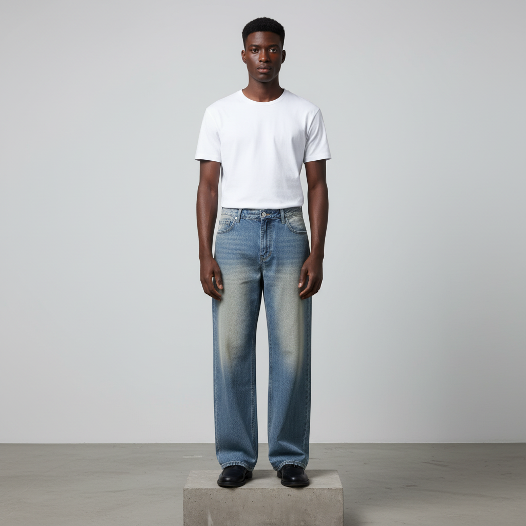 Nigerian male model wearing blue vintage wash wide-leg jeans