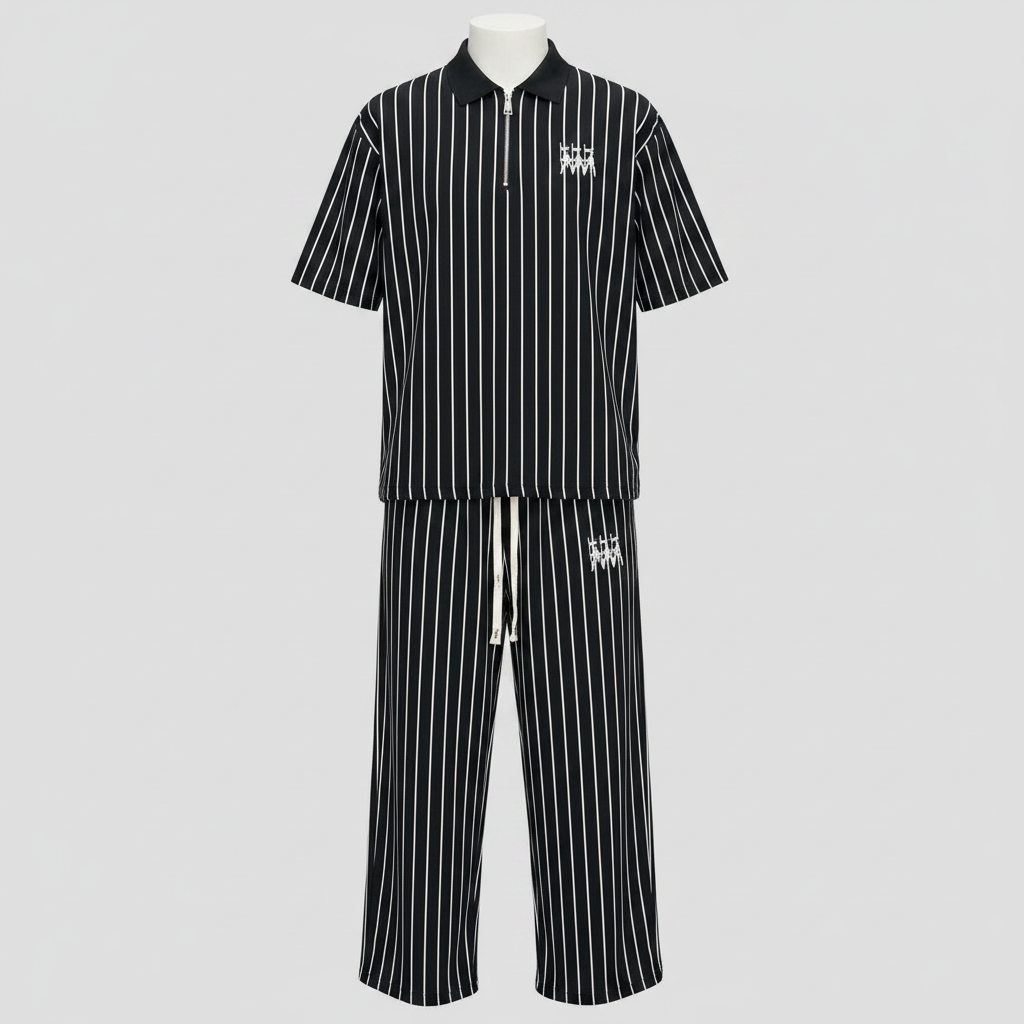 Ghost mannequin black white pinstripe gothic logo polo and trouser two-piece set