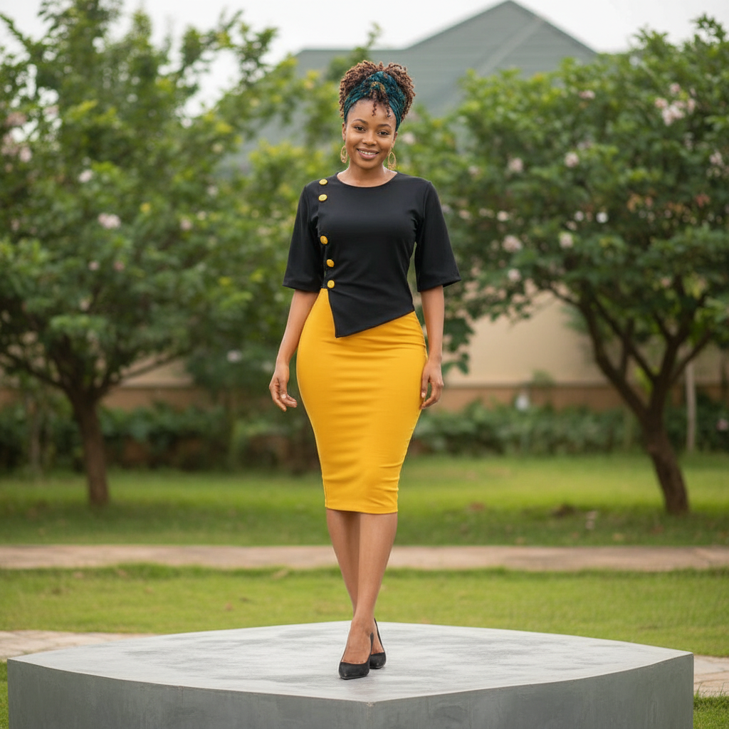 Women's Black & Mustard Yellow Colour Block Button Midi Dress – Nigerian Female Model Shot