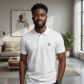 Young Nigerian male model wearing white polo shirt, front view