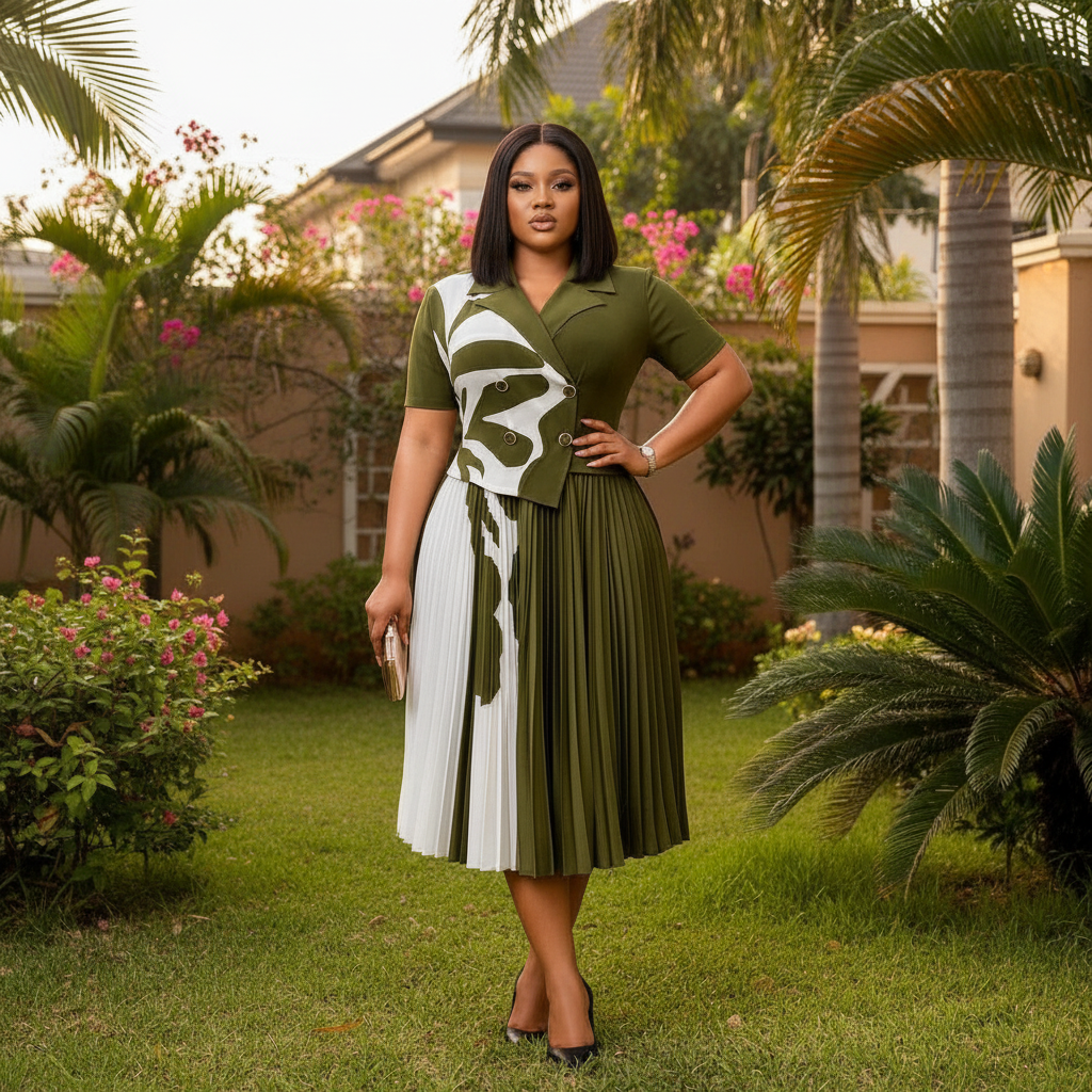 Nigerian female model wearing olive green and white abstract print pleated midi gown in upscale garden setting