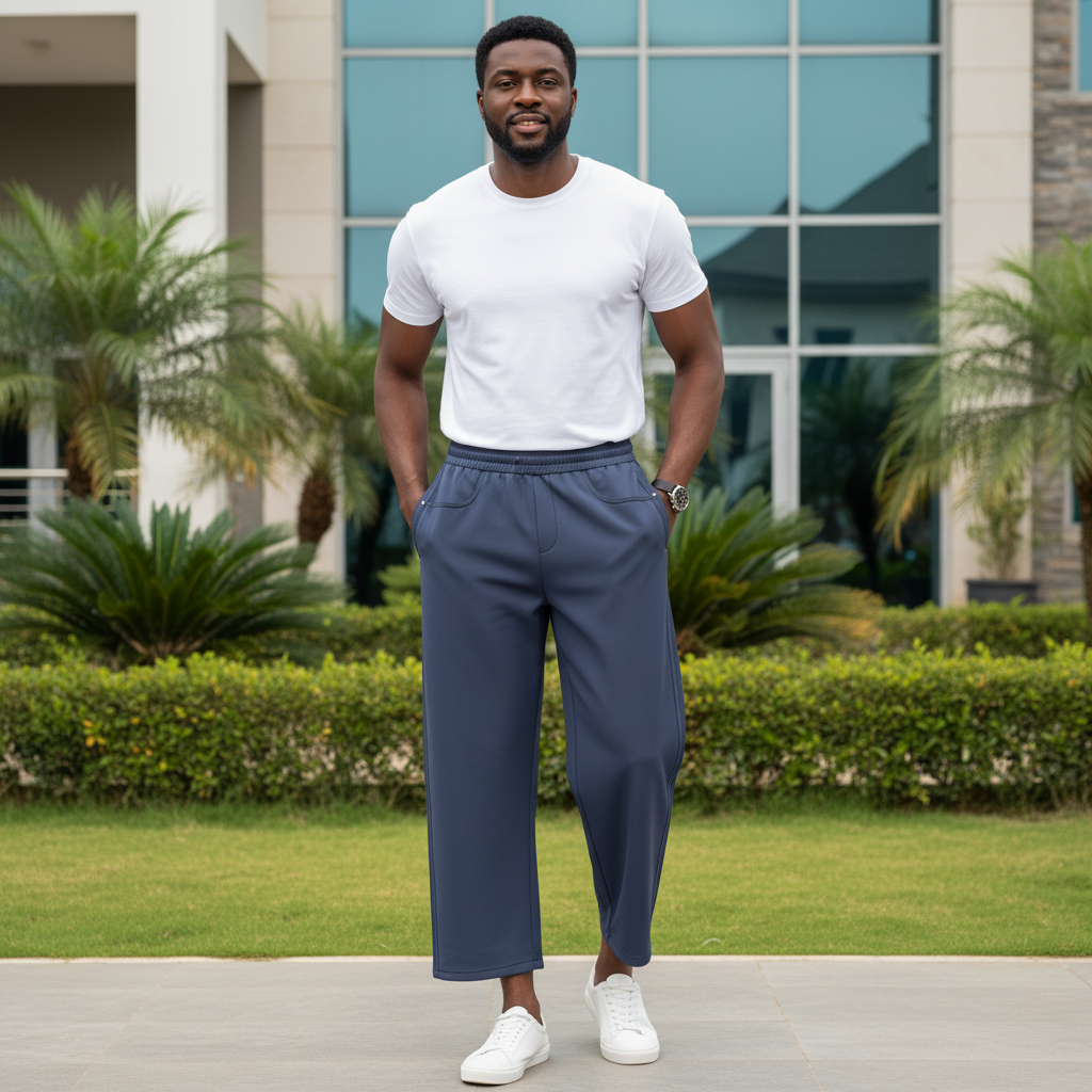Male Nigerian Model - Steel Blue Wide-Leg Pants Front