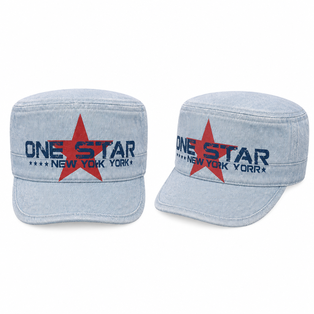 Light wash denim cadet cap ghost mannequin front and side view