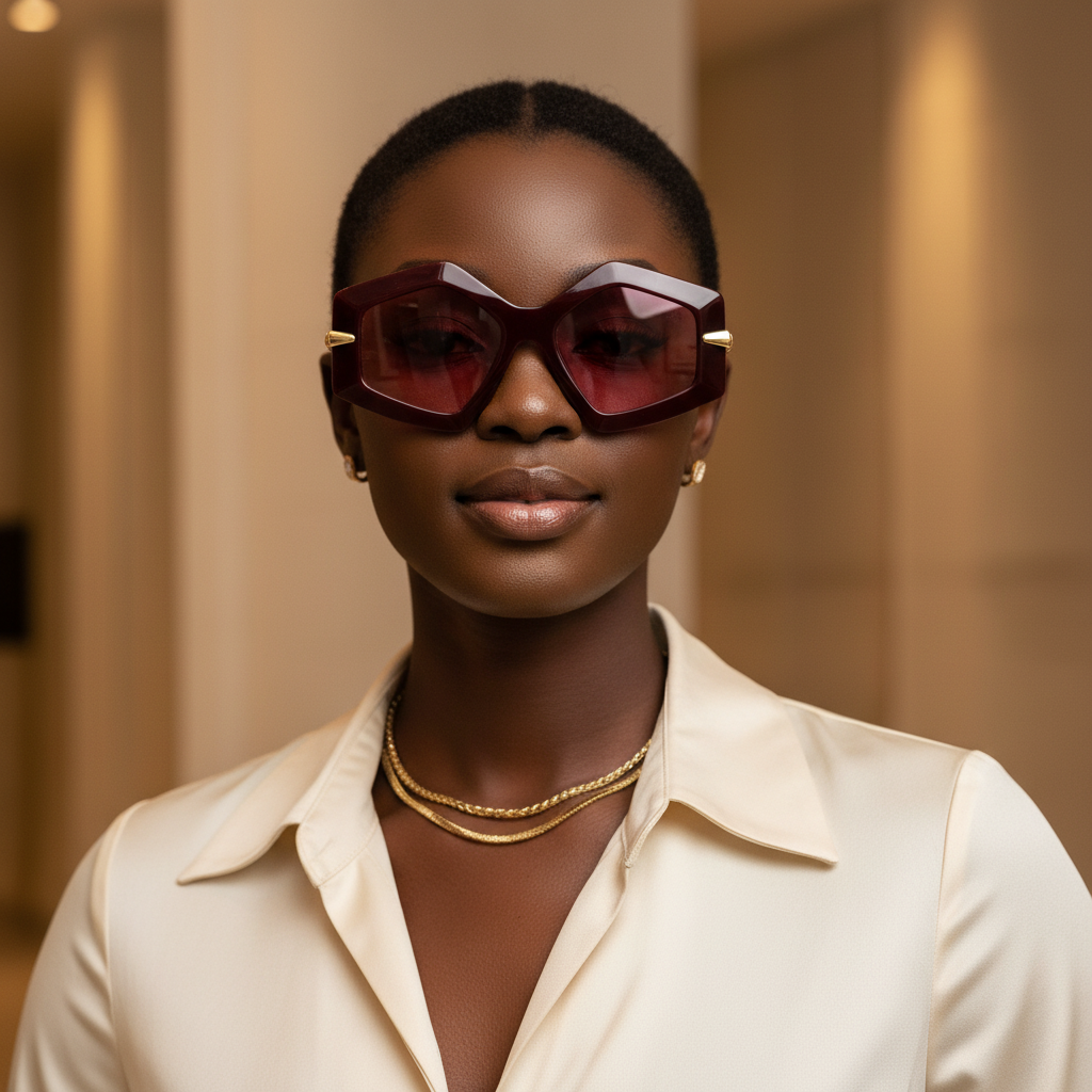 Geometric Hexagonal Sunglasses Burgundy Pink – Female Model Shot