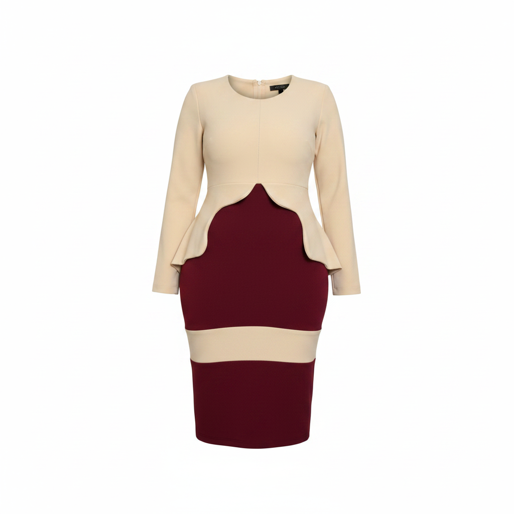 Ghost mannequin view of women's cream and burgundy scallop peplum colour-block midi dress