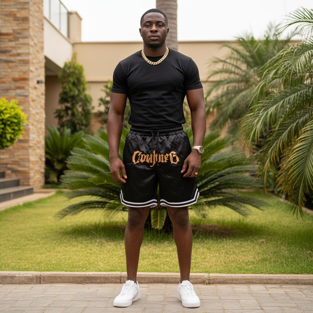 Nigerian male model wearing black gold script shorts outdoors