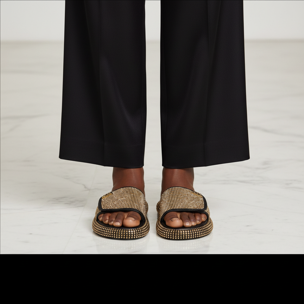 Women's Rhinestone Panel Flat Slide Slipper - Gold Model Editorial Leg Zoom