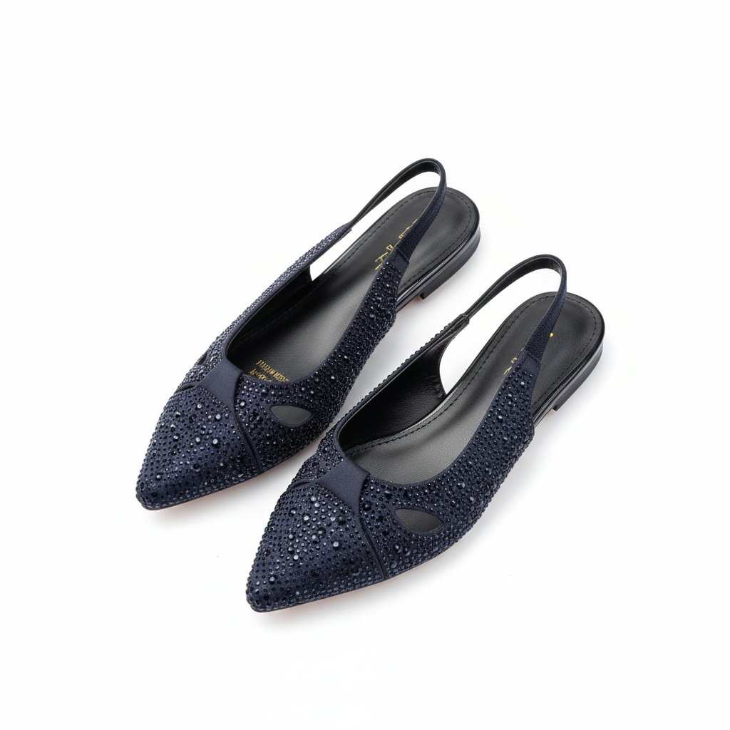 Women's navy blue rhinestone pointed-toe slingback flat - ghost mannequin pair view