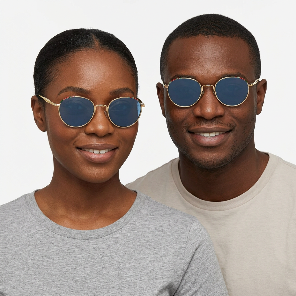 Black adult woman and man wearing gold-tone round sunglasses with blue lenses