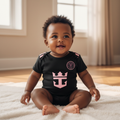 Nigerian baby wearing black & rose pink crown football romper bodysuit lifestyle shot