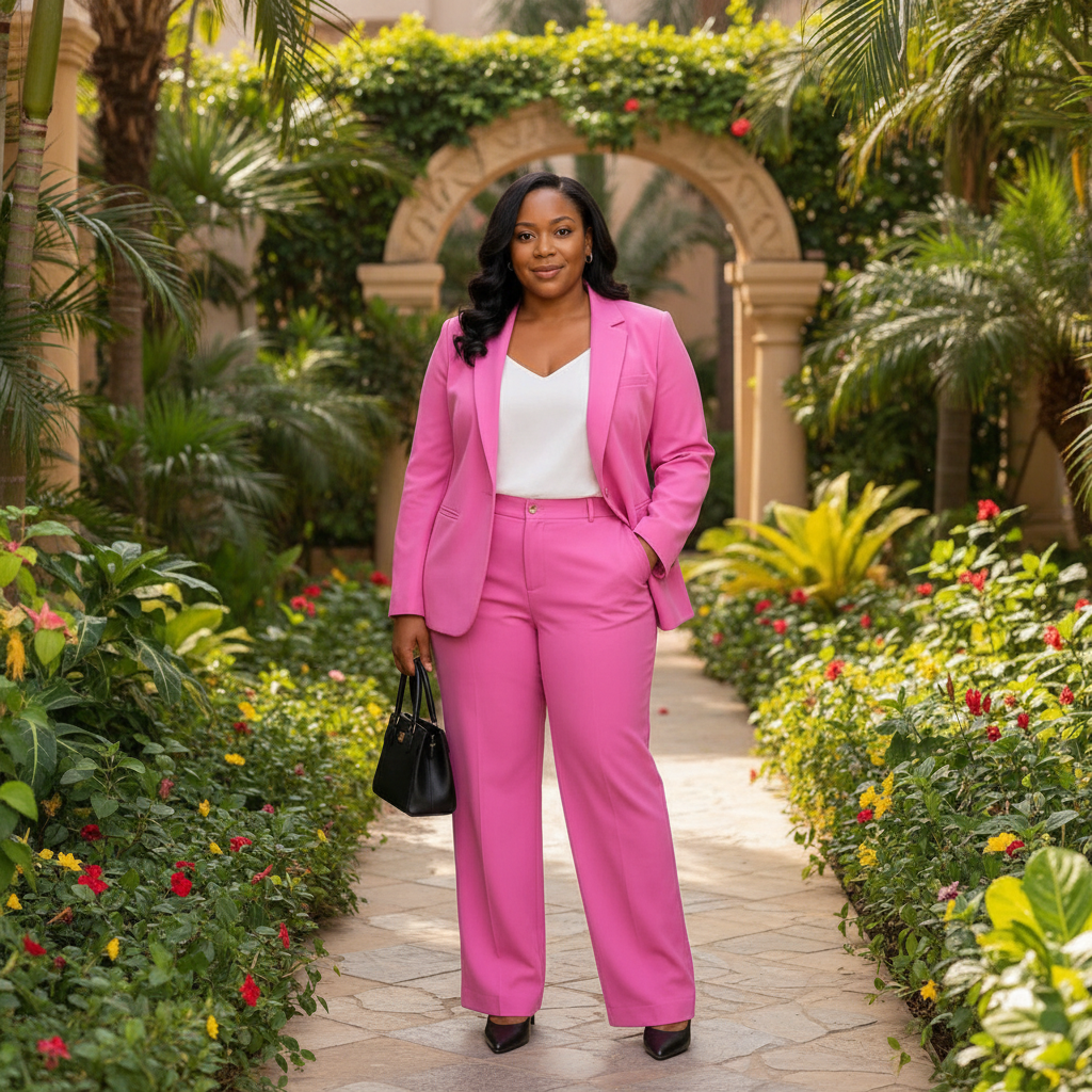 Women's Hot Pink Blazer & Wide-Leg Trouser Co-ord Suit – Nigerian Female Model Full Body Shot