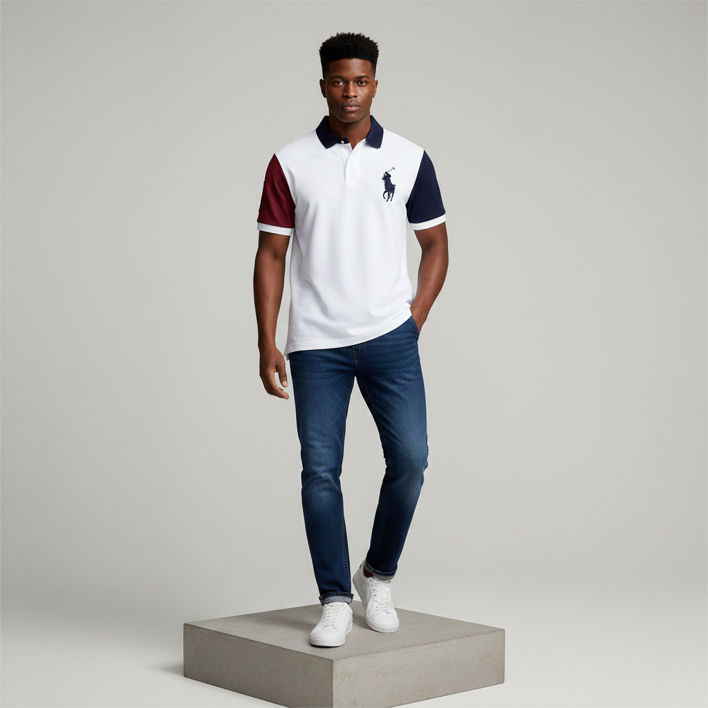 White Navy Burgundy Colour-Block Polo Shirt - Model Front