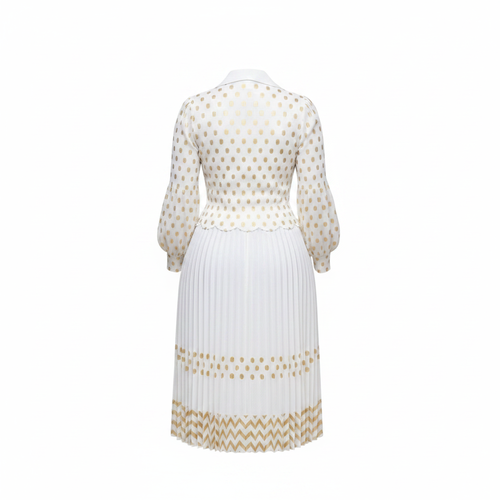 Women's White & Gold Polka Dot Pleated Midi Skirt Suit Set - Ghost Mannequin Back View