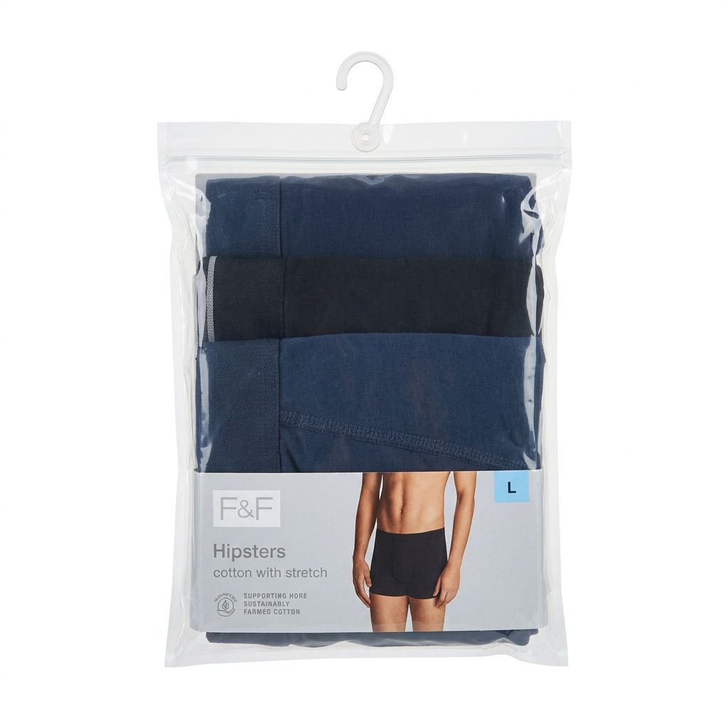 AI-generated navy and black boxer briefs three-pack in clear packaging