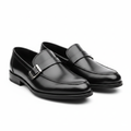 Men's black leather buckle slip-on loafer ghost mannequin pair