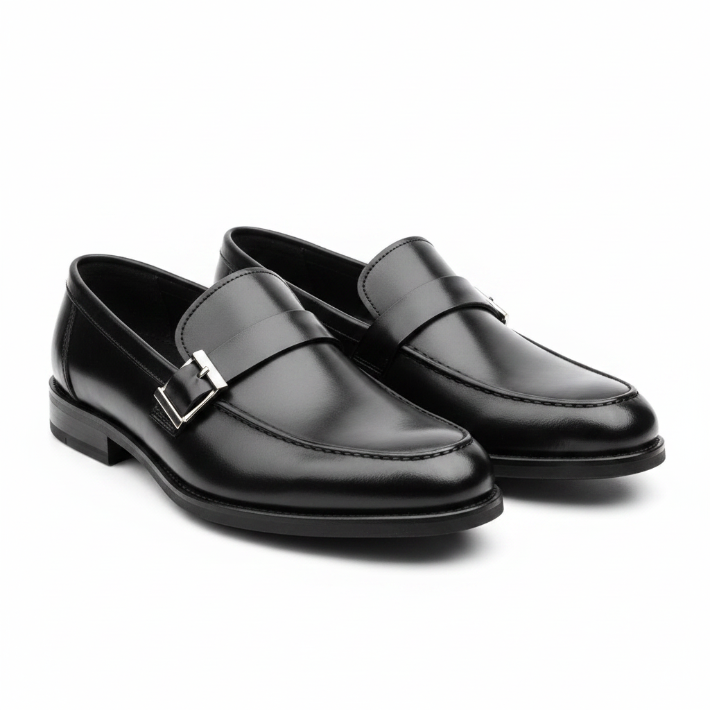 Men's black leather buckle slip-on loafer ghost mannequin pair