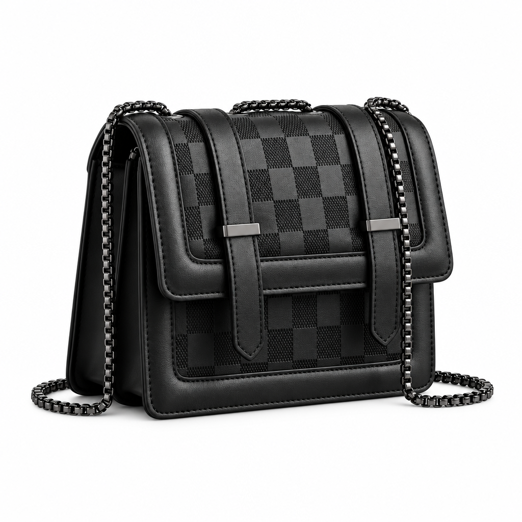 Black checker-panel chain shoulder bag on a white background