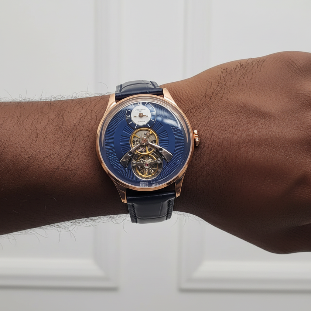 Men's Navy Blue Dial Rose Gold Tourbillon Automatic Watch – Nigerian Male Model Wrist Shot