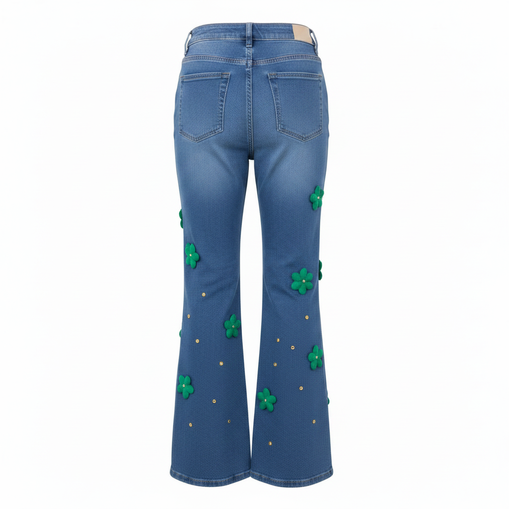 Blue Floral Appliqué Wide-Leg Jeans - Ghost Mannequin Back