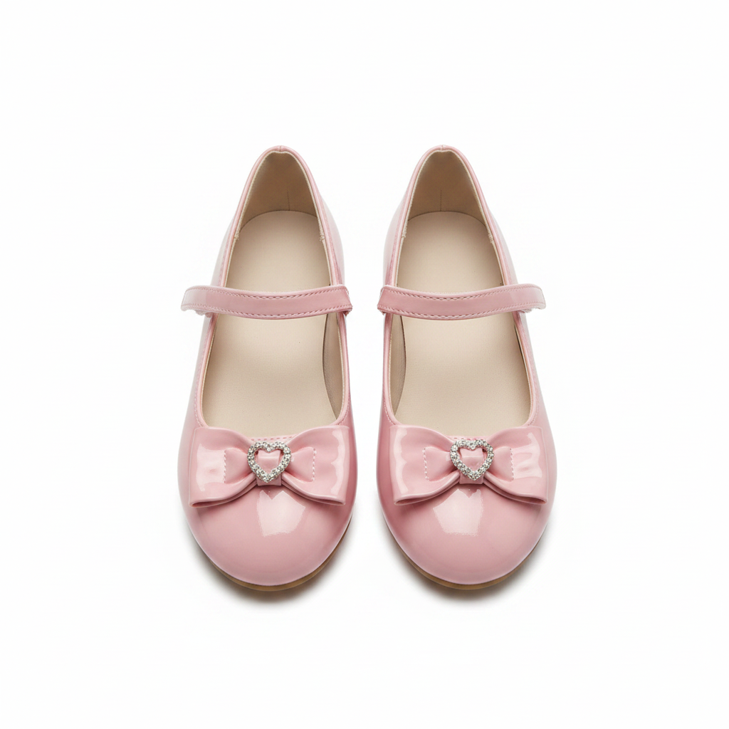 Girls' pink patent leather Mary Jane shoes ghost mannequin pair view
