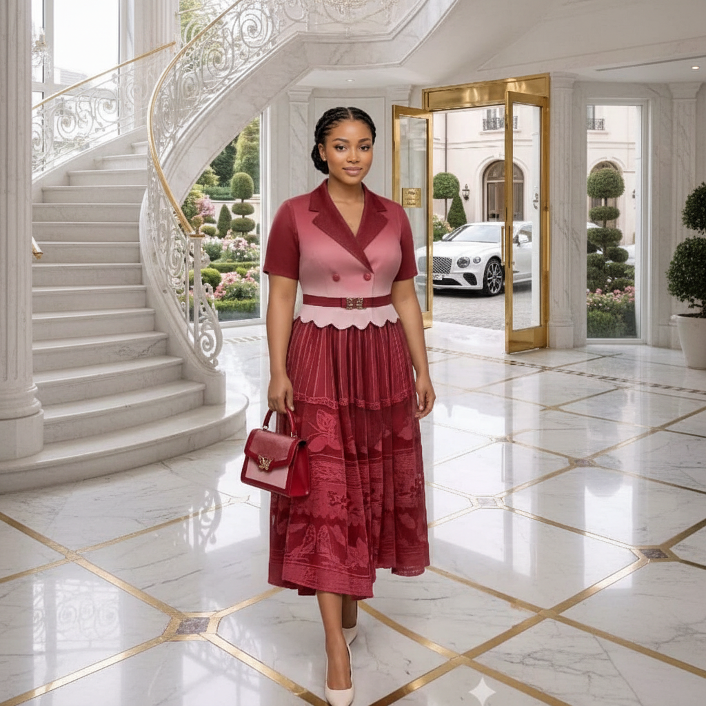 Burgundy & Dusty Rose Blazer Lace Tiered Midi Skirt Set – Model Shot