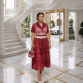 Burgundy & Dusty Rose Blazer Lace Tiered Midi Skirt Set – Model Shot