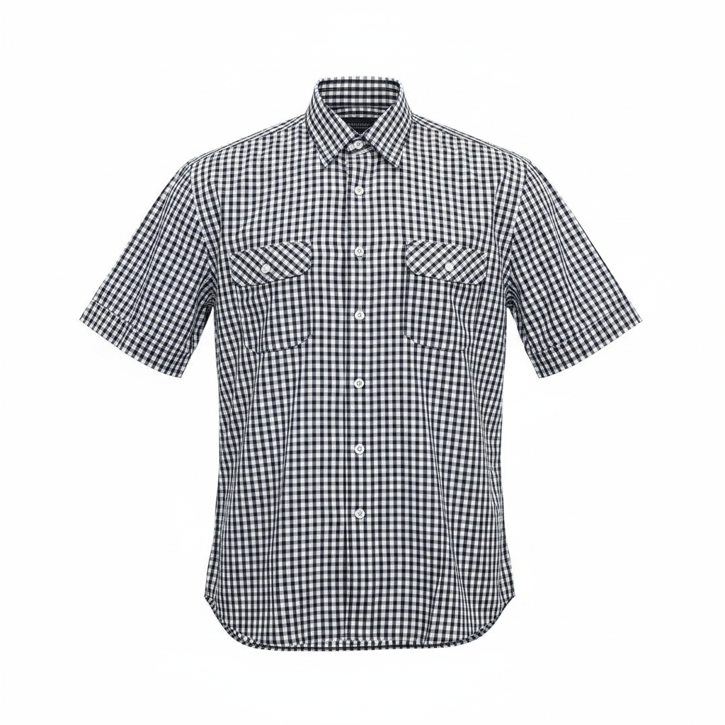 Black White Gingham Short-Sleeved Shirt - Ghost Mannequin Front View