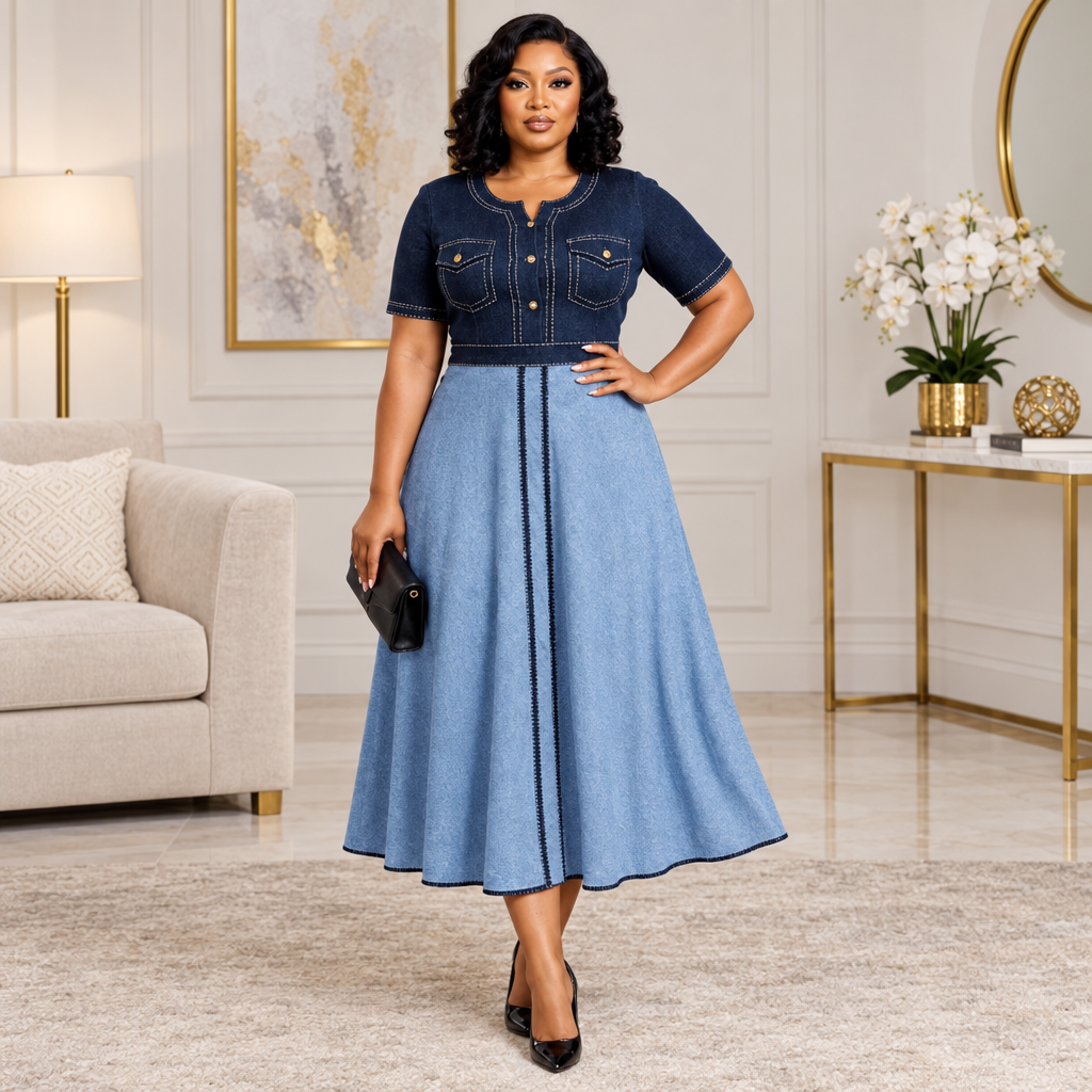 Adult Black woman wearing two-tone blue short-sleeve flared dress