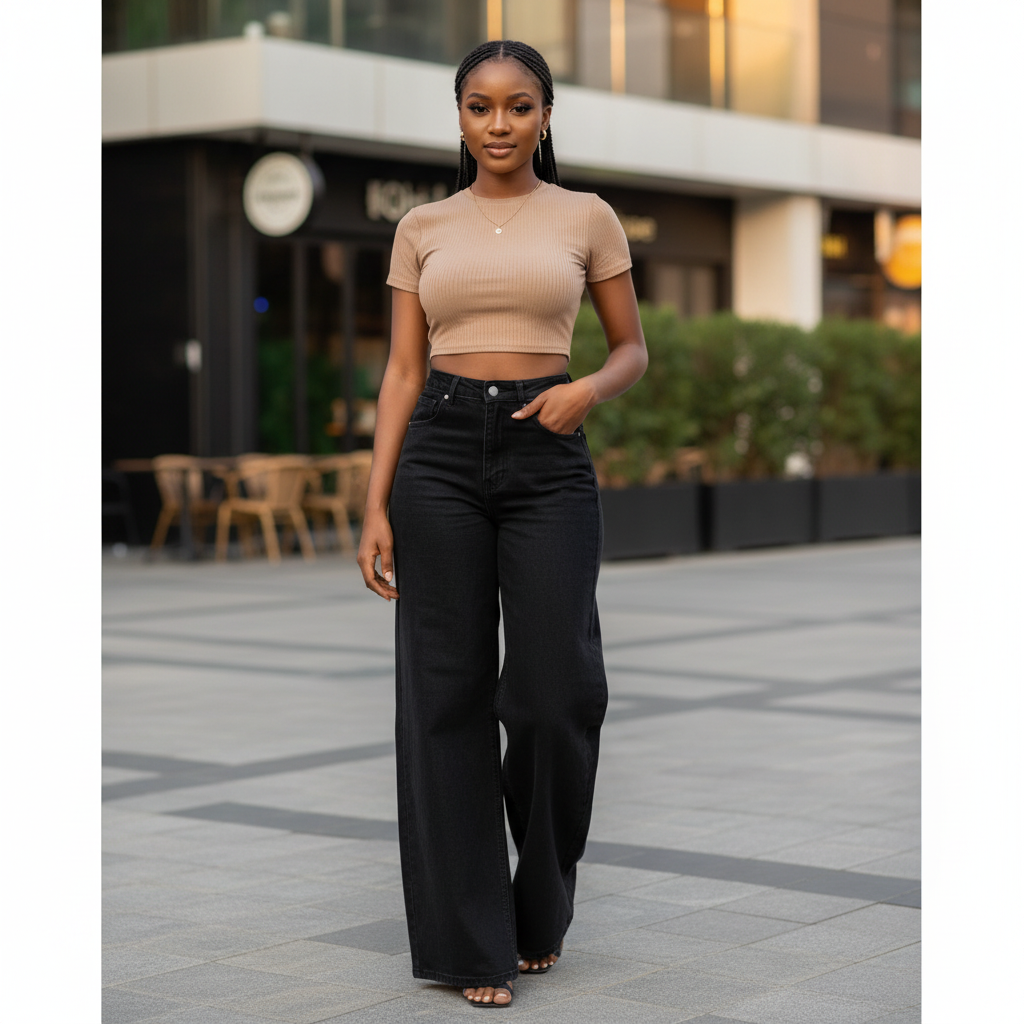 Young Nigerian female model wearing black high-waist wide-leg denim jeans