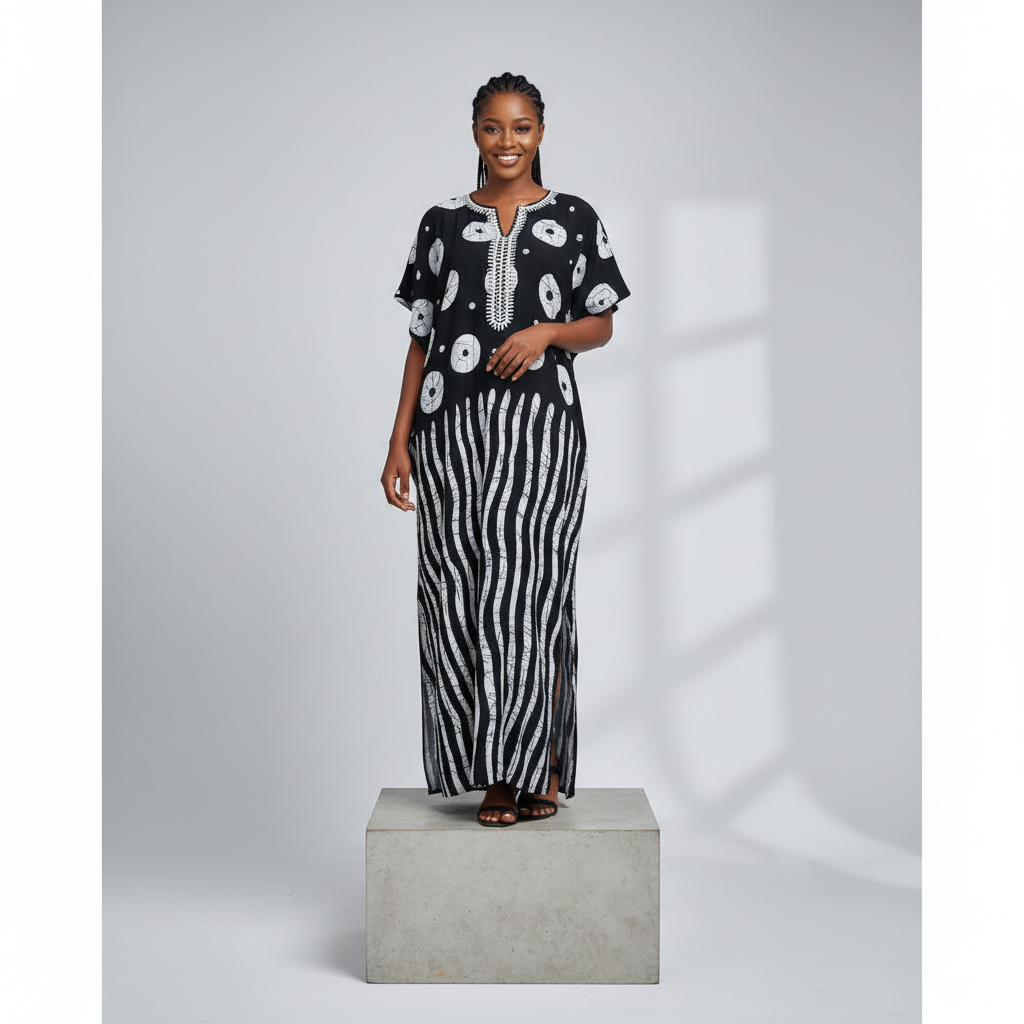 Nigerian female model wearing Black White Adire Print Long Bubu Gown