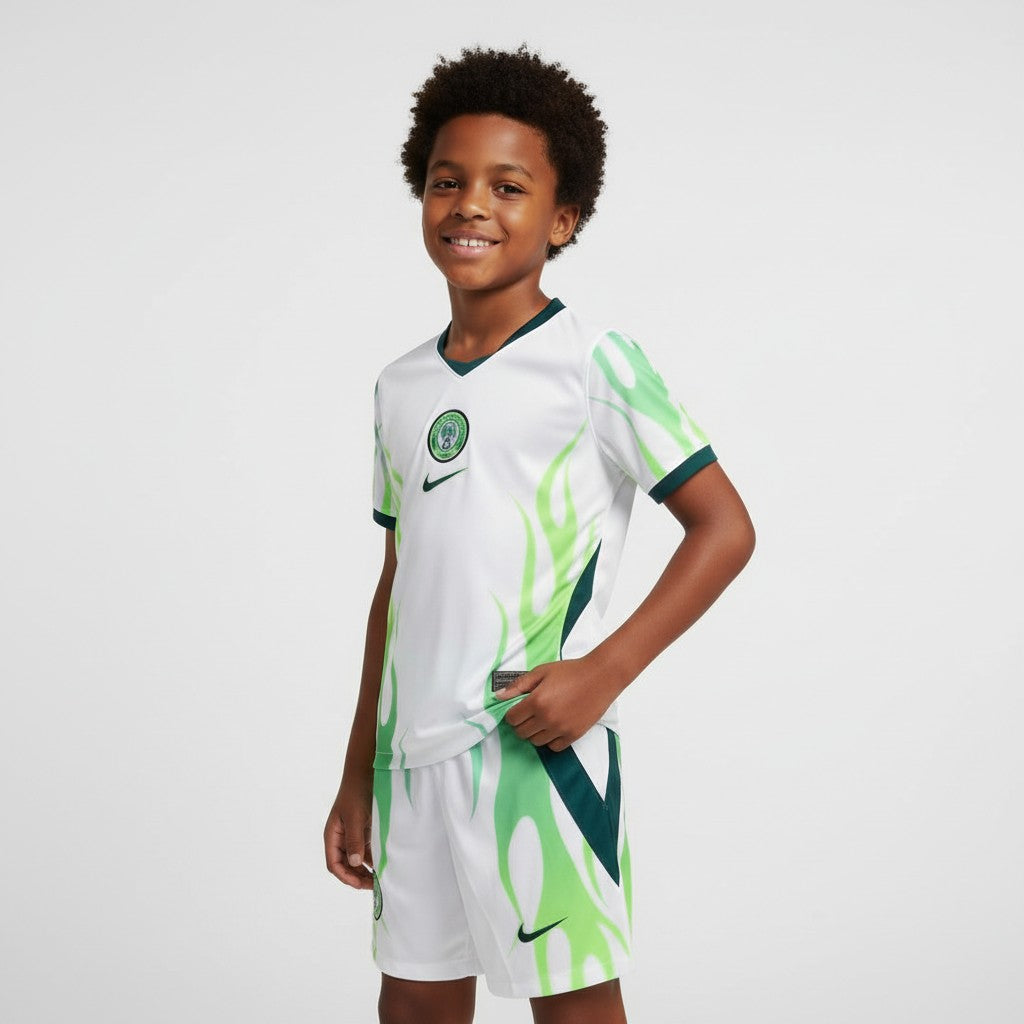 Kids' White Lime Green Flame Football Jersey & Shorts Set
