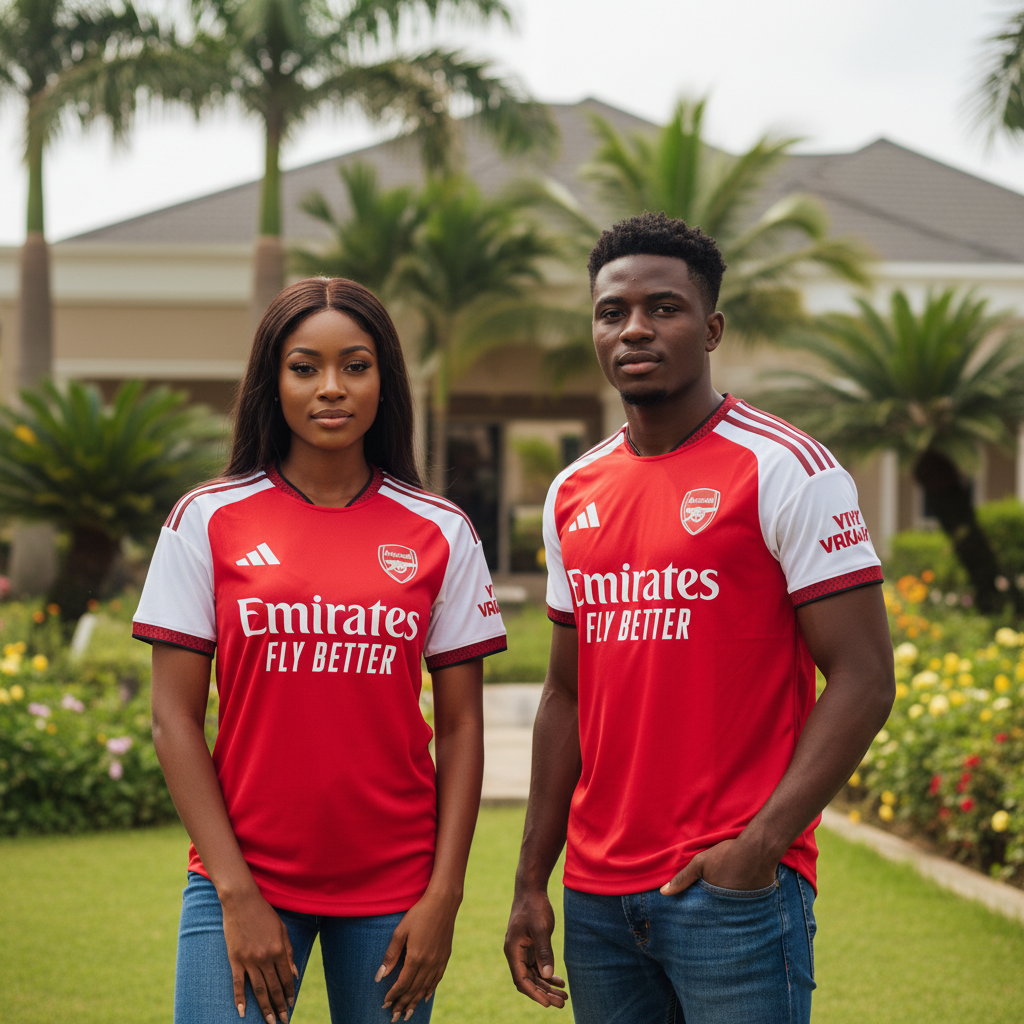 Nigerian female and male models wearing red and white sleeve football jersey