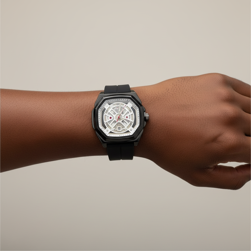 White dial black skeleton-style wristwatch worn on a Black man's wrist