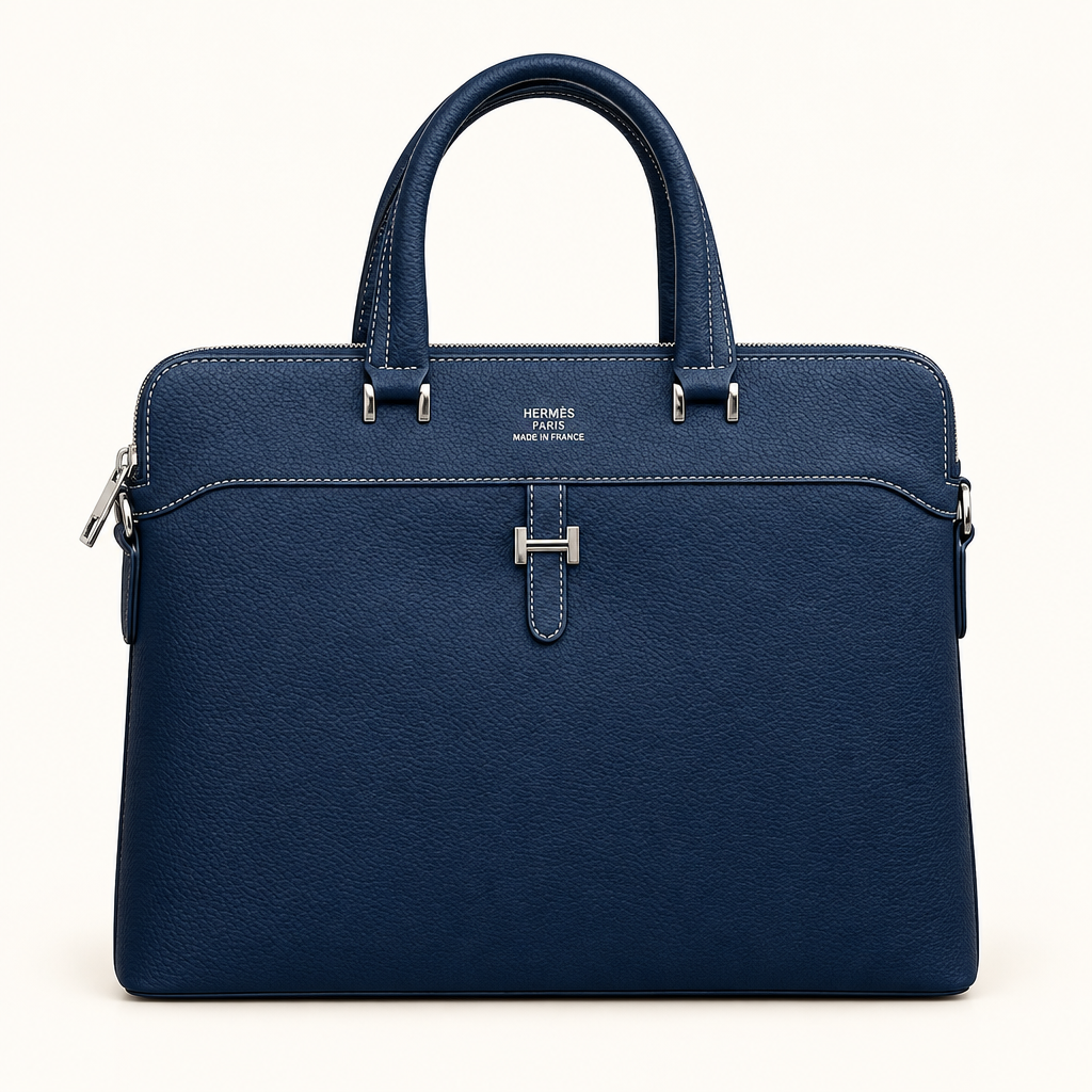 Navy blue textured top-handle bag with contrast stitching