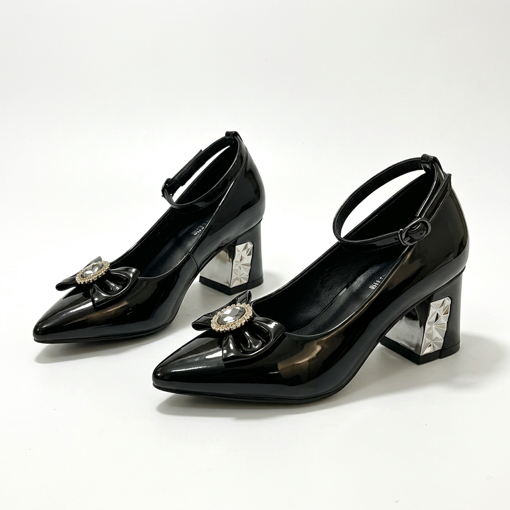 Complete pair of black jeweled-bow ankle-strap block heels