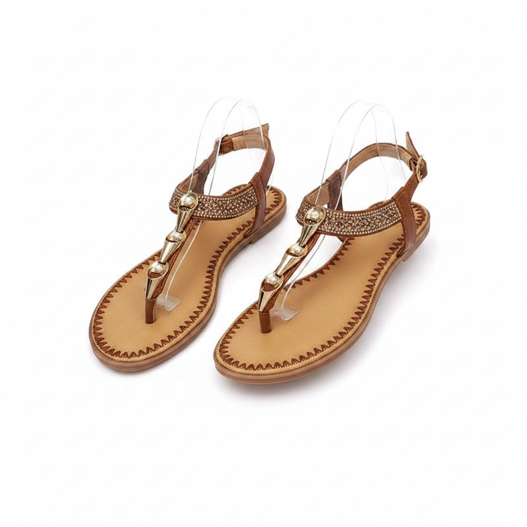 Women's Rhinestone T-Strap Flat Thong Sandal - Brown Ghost Mannequin